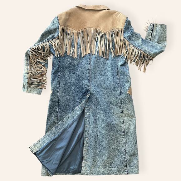 VTG Western Heavy Weight Acid Washed Denim Trench w/ Leather Fringe USA Made XL - Picture 13 of 16